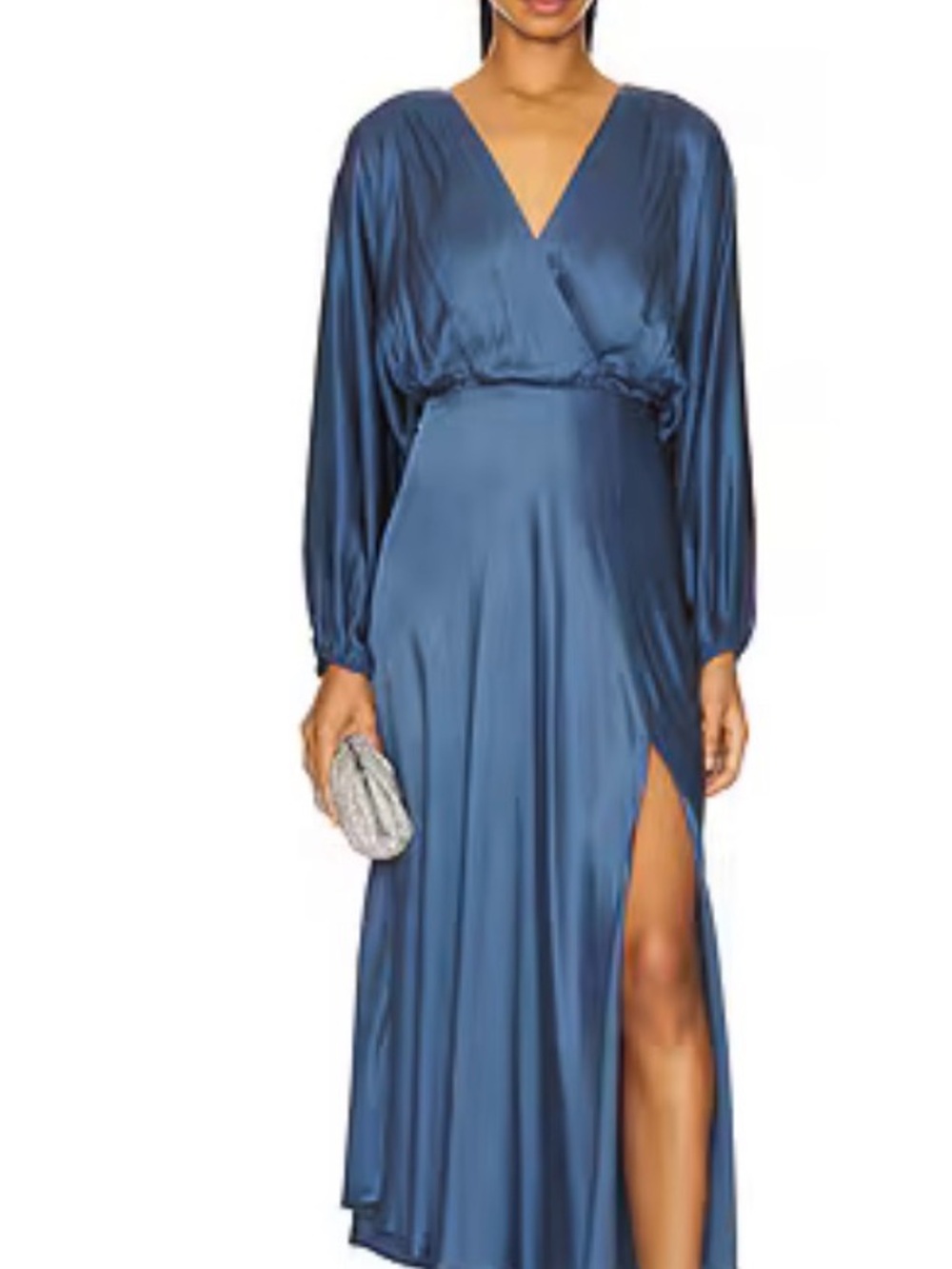 NWT Astr The Label  glamorous Faux Wrap Kimiko Satiny midi Dress sz S Slate Blue